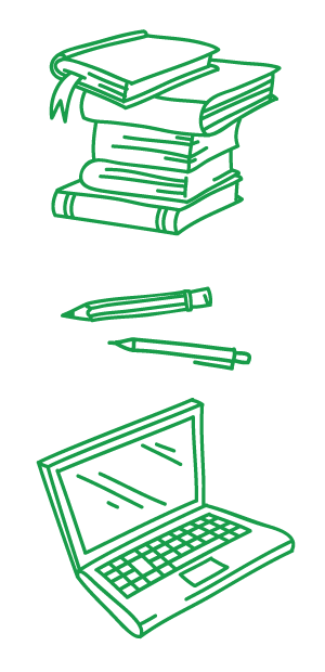 Books, pencil, pen and laptop graphic